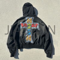 Acid Wash Terry Cotton Cropped Drop Shoulder Graphic Zip-Up Hoodie