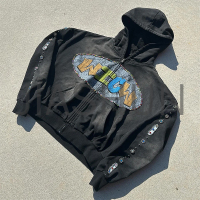 Acid Wash Terry Cotton Cropped Drop Shoulder Graphic Zip-Up Hoodie