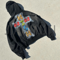 Acid Wash Terry Cotton Cropped Drop Shoulder Graphic Zip-Up Hoodie