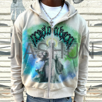 Rhinestone Zip-Up Hoodie with DTG Print