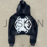 Acid Wash French Terry Zip-Up Hoodie with Applique Embroidery