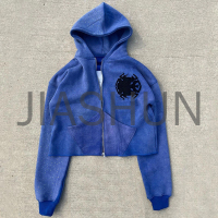 Acid Wash French Terry Zip-Up Hoodie with Applique Embroidery