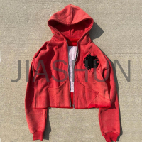 Acid Wash French Terry Zip-Up Hoodie with Applique Embroidery