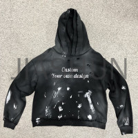 Acid Wash Distressed Hole Ripped Cotton Hoodie