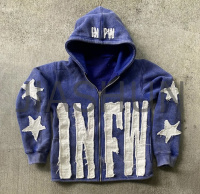 Acid Wash Distressed Full Zip Hoodie with Applique Patch Embroidery