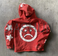 Acid Wash Distressed Full Zip Hoodie with Applique Patch Embroidery