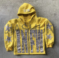 Acid Wash Distressed Full Zip Hoodie with Applique Patch Embroidery