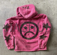 Acid Wash Distressed Full Zip Hoodie with Applique Patch Embroidery