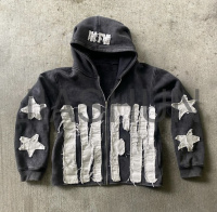 Acid Wash Distressed Full Zip Hoodie with Applique Patch Embroidery