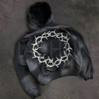 Acid Wash Sun Faded Ripped Distressed French Terry Hoodie