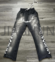 Faded Acid Washed Distressed Embroidery Patch Applique Flare Pants