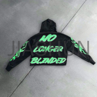 Raw Cut Edge Hem No String Hoodie with Rhinestone 3D Puff Print