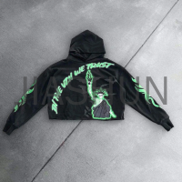 Raw Cut Edge Hem No String Hoodie with Rhinestone 3D Puff Print