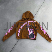 Raw Cut Edge Hem No String Hoodie with Rhinestone 3D Puff Print