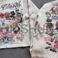 300gsm Cotton Distressed Waffle Knitted Long Sleeve T-Shirt