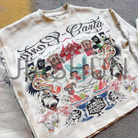 300gsm Cotton Distressed Waffle Knitted Long Sleeve T-Shirt