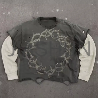 Distressed Acid Wash Oversized Cropped Long Sleeve T-Shirt Print