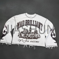 Oversized Distressed Cropped Long Sleeve T-Shirt with DTG Print
