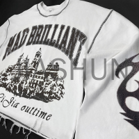 Oversized Distressed Cropped Long Sleeve T-Shirt with DTG Print