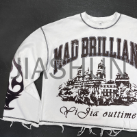 Oversized Distressed Cropped Long Sleeve T-Shirt with DTG Print