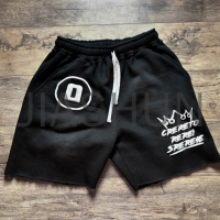 Acid Wash Raw Cut Hem Cotton Sweat Shorts with Puff Print