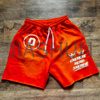 Acid Wash Raw Cut Hem Cotton Sweat Shorts with Puff Print