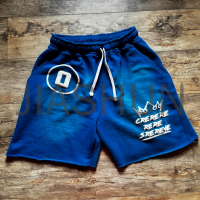 Acid Wash Raw Cut Hem Cotton Sweat Shorts with Puff Print