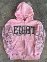 Acid Wash Oversized Rhinestone Zip-Up Hoodie with Screen Print