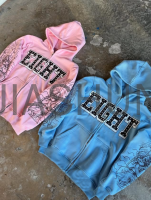Acid Wash Oversized Rhinestone Zip-Up Hoodie with Screen Print