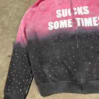 French Terry Cotton Acid Wash Distressed Rhinestone Zip-Up Hoodie