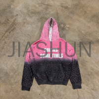 French Terry Cotton Acid Wash Distressed Rhinestone Zip-Up Hoodie