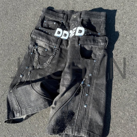 Double Waist Diamond Rhinestone Knee Baggy Cargo Denim Shorts
