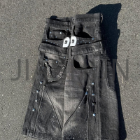 Double Waist Diamond Rhinestone Knee Baggy Cargo Denim Shorts