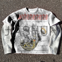 Dirty Wash Long Sleeve Shirt Vintage Logo Print Rhinestones