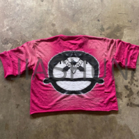 Acid Wash Printed Raw Cut Hem Cotton T-Shirt