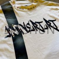 Loose Cotton T-Shirt with Raw Cut Hem Splicing and Bling Rhinestones
