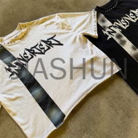 Loose Cotton T-Shirt with Raw Cut Hem Splicing and Bling Rhinestones