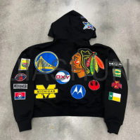French Terry Washed Distressed Zip-Up Hoodie with Embroidered Patch