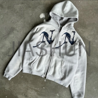 Acid Wash Oversized Zip Hoodie with Screen Print