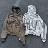French Terry Dirty Wash Boxy Fit Print Drop Shoulder Hoodie
