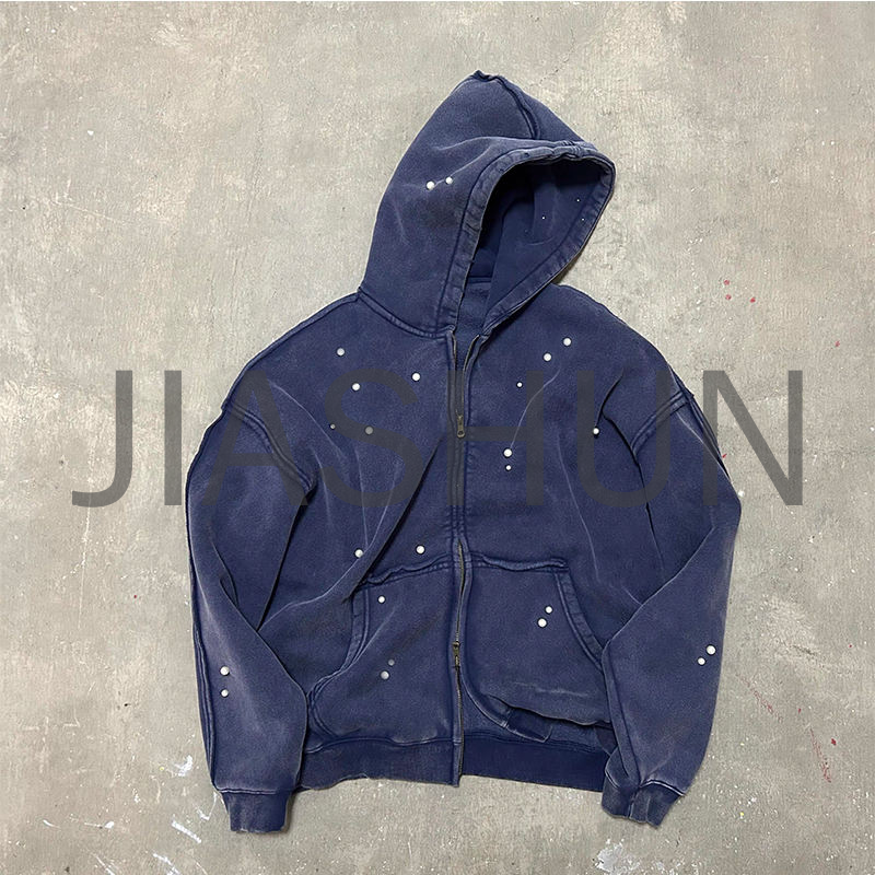 Acid Wash Vintage Terry Cotton Oversized Boxy Fit Zip-Up Hoodie