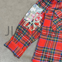 Plaid Flannel Oversized Boxy Button Up Shirt with Embroidery