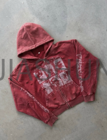 Oversized Washed Distressed Zip-Up Hoodie with Graphic Print
