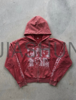 Oversized Washed Distressed Zip-Up Hoodie with Graphic Print