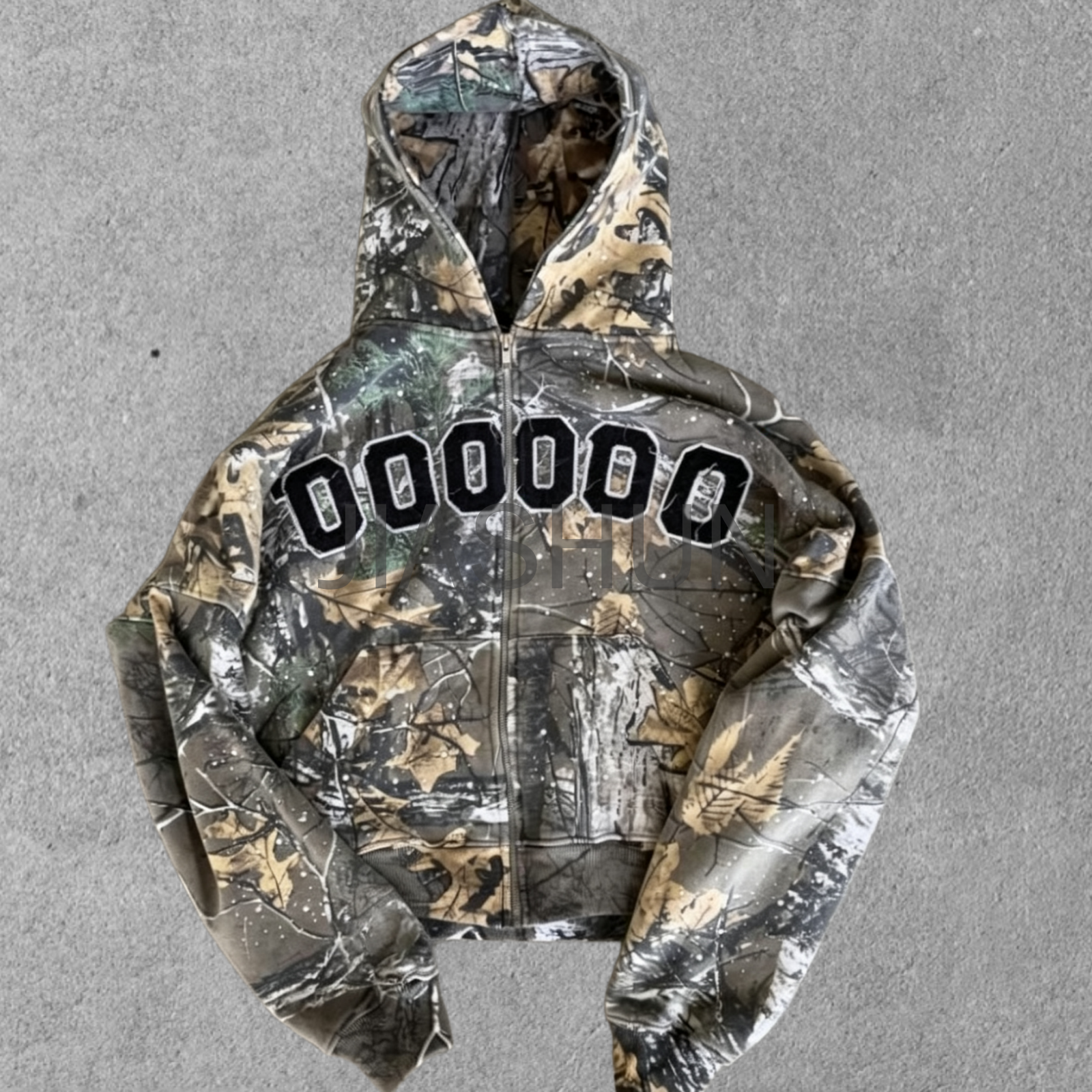 French Terry Camo Distressed Studded Chenille Zip-Up Hoodie