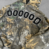 French Terry Camo Distressed Studded Chenille Zip-Up Hoodie