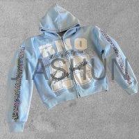 Oversized Sun Faded Acid Wash French Terry Rhinestone Hoodie