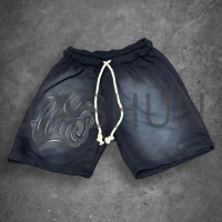 Acid Wash Distressed Midweight Cotton Straight Shorts with Print