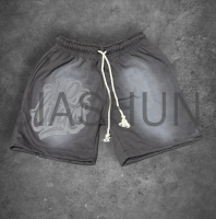 Acid Wash Distressed Midweight Cotton Straight Shorts with Print