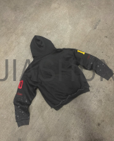 Acid Wash Enzyme Wash Rhinestone Distressed Zip Hoodie